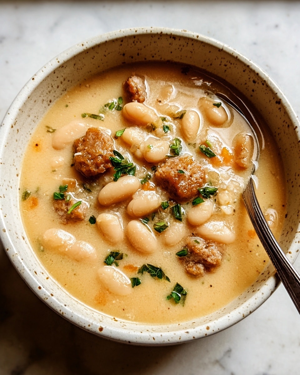 A bowl filled with creamy white bean soup shows three clear layers: the base layer is a light beige creamy broth with a smooth texture, the middle layer consists of whole white beans and small, golden-brown chunks of sausage, and the top layer has small bits of green herb sprinkled evenly. The bowl is white with small brown speckles, and a metal spoon is partly inside the bowl on the right side. The bowl is placed on a white marbled surface. photo taken with an iphone --ar 4:5 --v 7