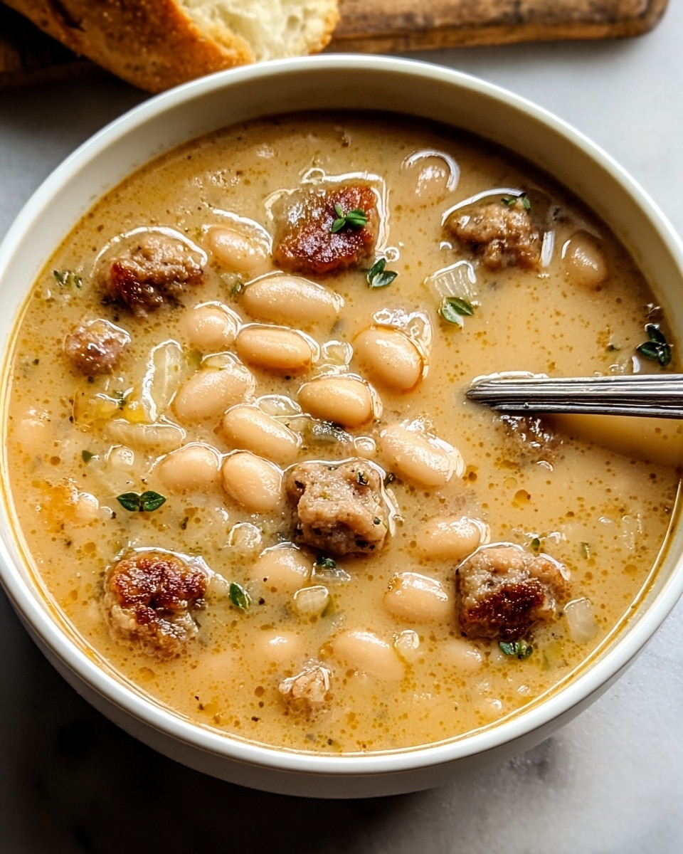 A white bowl filled with a thick, creamy beige soup that has visible soft white beans and chunks of browned sausage scattered throughout. Small bits of diced translucent onions and tiny green herb leaves float on the surface, adding a touch of color. The soup has a hearty texture with some oil sheen and light seasoning specks. A silver spoon is placed inside the bowl near the edge. The bowl sits on a white marbled texture surface with a small piece of bread blurred in the background. photo taken with an iphone --ar 4:5 --v 7