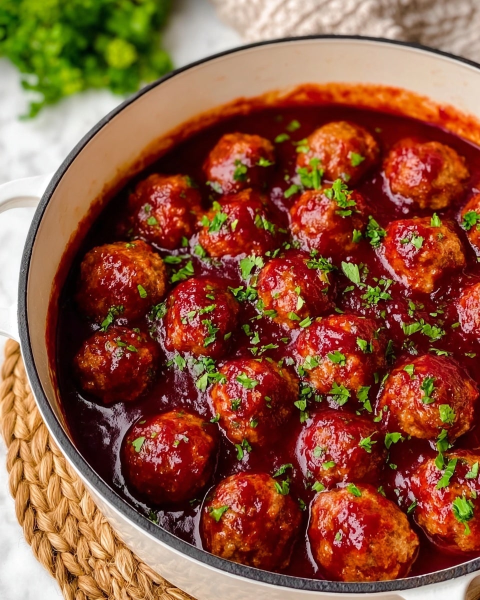 This image shows a white pot filled with round meatballs covered in a glossy, thick, deep red sauce. The meatballs are evenly coated with the sauce, giving them a shiny appearance. Bright green chopped herbs are sprinkled over the top, adding a pop of color and freshness. The pot is placed on a light brown woven mat, and the background is a white marbled texture with a small blurred greenery element in the top left corner. Photo taken with an iphone --ar 4:5 --v 7