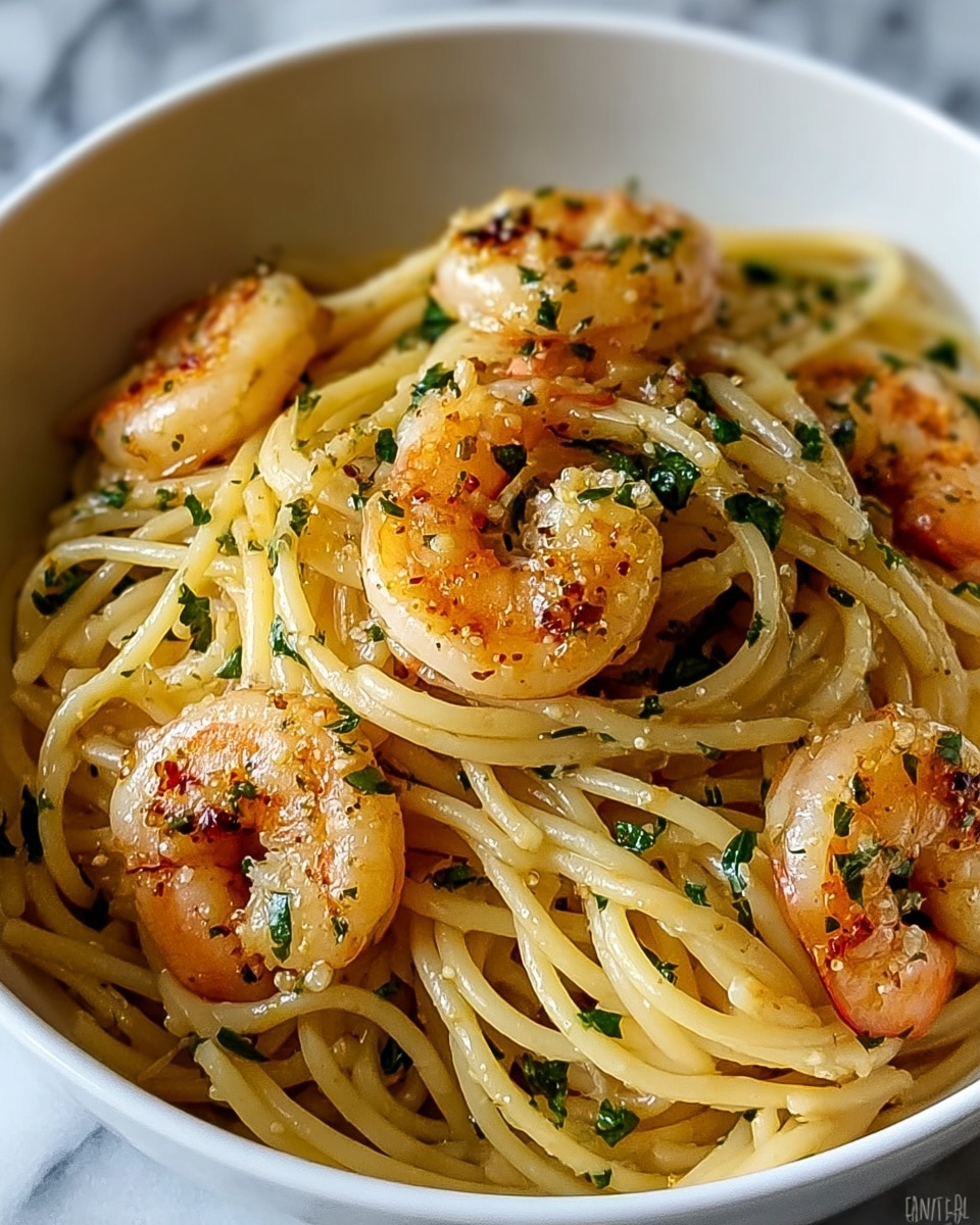 A white bowl filled with spaghetti pasta forms the base layer, with long, yellowish strands slightly glossy from oil. On top, there are several medium-sized cooked shrimp, curled and pink-orange with visible seasoning and small bits of chopped green herbs scattered across the dish. The shrimp look juicy with a hint of light charring. The pasta is also speckled with herbs and black pepper, giving texture and color contrast. The bowl is resting on a white marbled surface, making the colors of the food stand out. photo taken with an iphone --ar 4:5 --v 7
