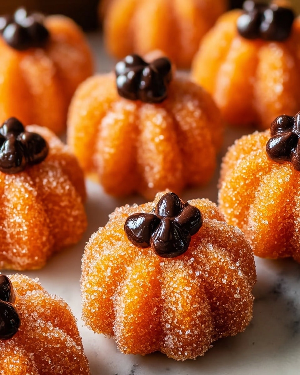 The image shows small pumpkin-shaped treats covered in a layer of sugar crystals, giving them a grainy texture. Each treat has deep orange ridges forming the pumpkin shape with a cluster of three shiny, dark chocolate drops placed on top, resembling a pumpkin stem. The treats are arranged closely together on a white marbled surface that adds a soft contrast to the bright orange. The lighting highlights the sugar crystals and the glossy texture of the chocolate drops, making the treats look fresh and inviting. Photo taken with an iphone --ar 4:5 --v 7