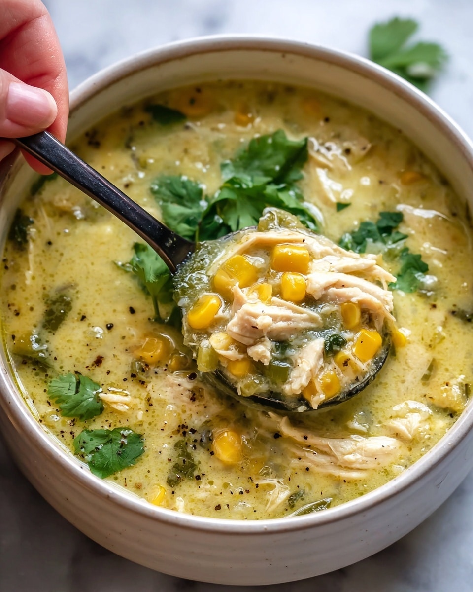 A close-up of a white bowl filled with creamy chicken and corn soup, showing a thick, light yellow broth mixed with small chunks of white shredded chicken, bright yellow corn kernels, and bits of green vegetables. The spoon, held by a woman's hand, scoops up a hearty mix of soup with visible pieces of chicken, corn, and green herbs like cilantro on top. The soup has a slightly textured surface with specks of black pepper and fresh green cilantro leaves scattered throughout. The bowl sits on a white marbled surface. Photo taken with an iphone --ar 4:5 --v 7