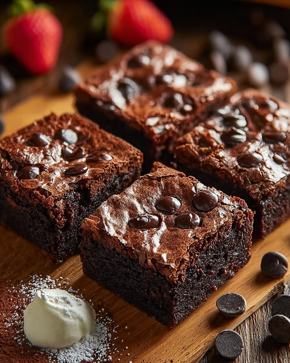 The image shows four square chocolate brownies placed side by side on a wooden surface. Each brownie has a shiny, cracked top layer with scattered dark chocolate chips embedded on it. The brownies have a thick, dense, dark brown base layer with a moist texture. Around the brownies, there are loose chocolate chips and a small dollop of white cream dusted with cocoa powder on the bottom left. In the background, there are some blurred red strawberries and chocolate chips scattered. The overall scene is warm and inviting. Photo taken with an iphone --ar 4:5 --v 7