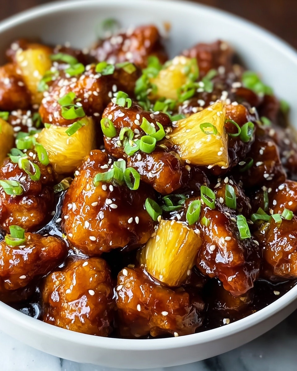 A close-up view of bite-sized chicken pieces coated in a glossy, dark brown sauce served in a white bowl, each chicken piece topped with small light yellow pineapple chunks and sprinkled with bright green chopped scallions and white sesame seeds, the rich sauce giving the chicken a shiny and sticky texture, all set on a white marbled surface. photo taken with an iphone --ar 4:5 --v 7