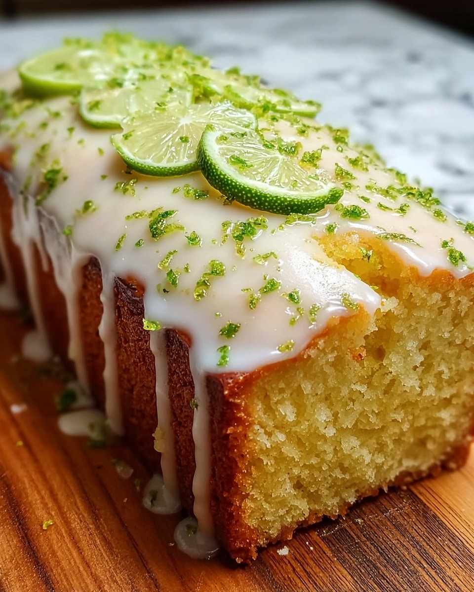 A close-up of a small loaf cake with a yellow, soft and moist inside, topped with a smooth, white glaze that drips slightly down the sides. The topping is sprinkled with small pieces of bright green lime zest scattered evenly across the surface. The cake is placed on a wooden board with a white marbled texture in the background. photo taken with an iphone --ar 4:5 --v 7