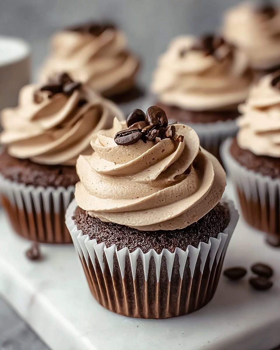 The image shows a close-up of several chocolate cupcakes on a white marble textured surface. Each cupcake has a dark brown, moist-looking base wrapped in a white paper liner. On top, there is a generous swirl of light brown creamy frosting, smooth and slightly fluffy in texture, creating two thick layers forming a spiral. The frosting is decorated with a few dark brown coffee beans scattered on top, adding a textural and color contrast. The focus is on one cupcake in the front center, while the others appear slightly out of focus in the background. photo taken with an iphone --ar 4:5 --v 7