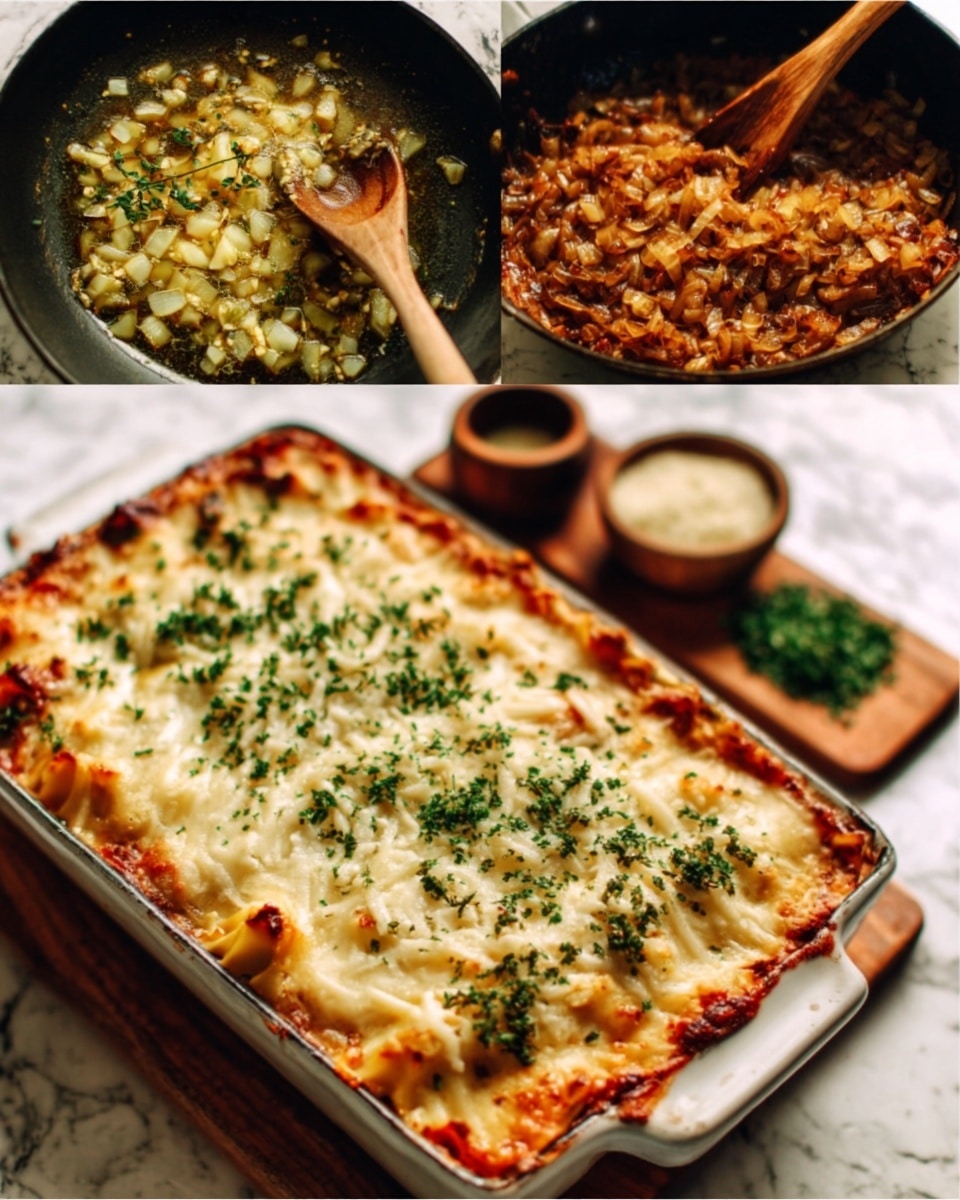 The image shows four stages of making a lasagna. The top left square has a black pan with olive oil and chopped garlic being stirred by a wooden spoon, the garlic pieces are golden with some green herbs mixed in. The top right square is a close-up of a black pan filled with cooked chopped onions that are brown and caramelized, a wooden spoon rests inside. The bottom left shows a rectangular clear glass dish filled with a layered lasagna, topped with a thick layer of shredded white cheese sitting on a red sauce base on a white marbled surface. The bottom right is a white ceramic baking dish with a finished lasagna that has a golden brown melted cheese top with green herb garnish, sitting on a wooden board with some fresh herbs and seasoning bowls around. The photo taken with an iphone --ar 4:5 --v 7