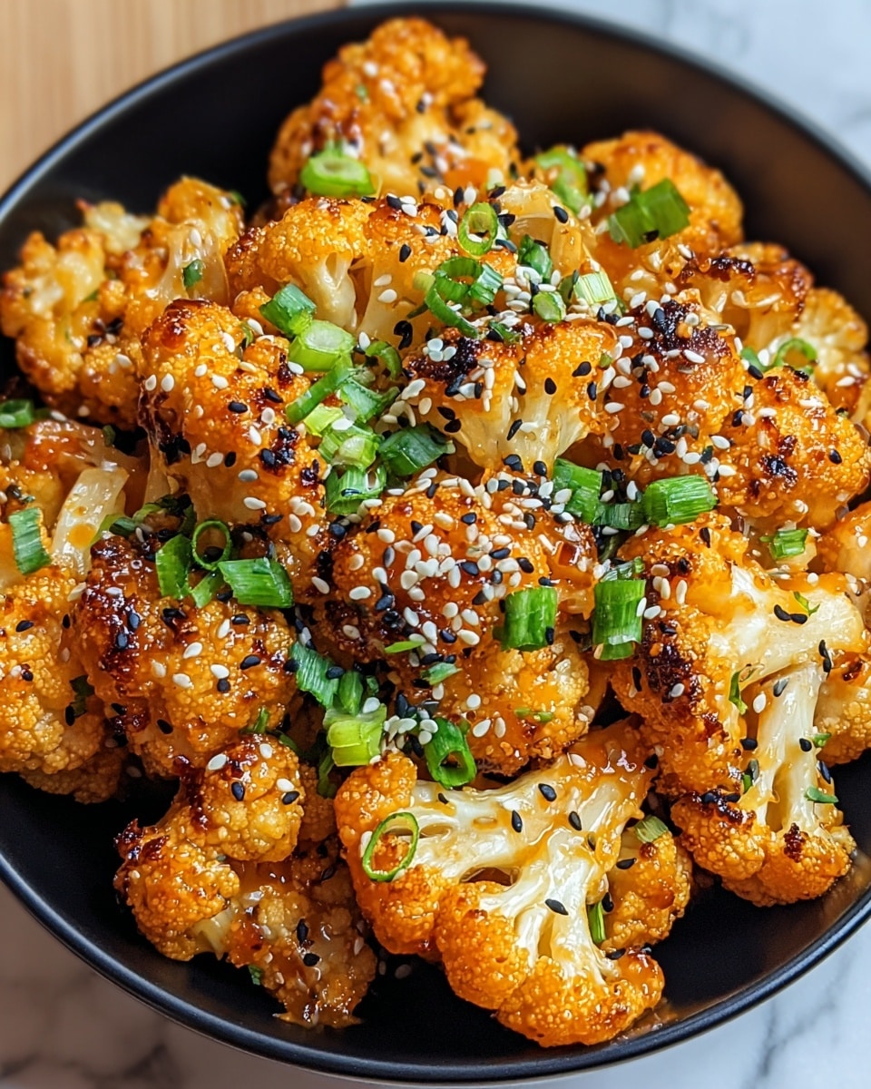 The image shows a black bowl filled with cooked cauliflower florets that have a bright orange glaze, giving them a crispy and slightly charred texture. The cauliflower is topped with scattered white and black sesame seeds and chopped fresh green onions, adding pops of green and contrast to the orange coating. The base of the cauliflower reveals some lighter creamy white pieces underneath the orange layers. The bowl is placed on a white marbled surface. photo taken with an iphone --ar 4:5 --v 7