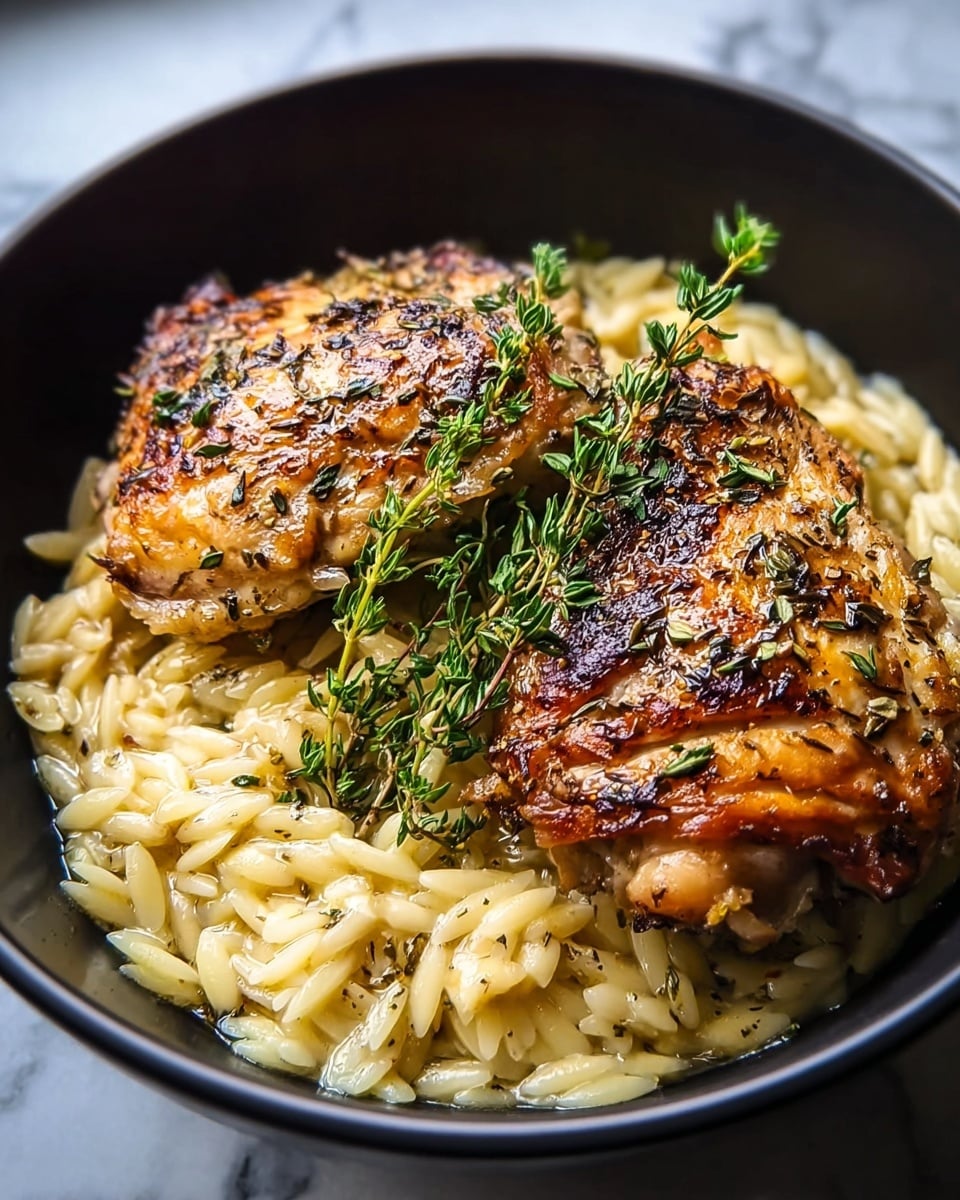 A black bowl holds a dish with two pieces of golden brown roasted chicken on top of a bed of creamy orzo pasta. The chicken has a crispy, slightly charred skin with herbs sprinkled over it, giving a textured look. The orzo is small, rice-shaped, and coated in a light, glossy sauce, appearing soft and tender. Fresh green thyme sprigs rest on top of the chicken, adding a touch of color and freshness. The bowl sits on a white marbled surface. photo taken with an iphone --ar 4:5 --v 7