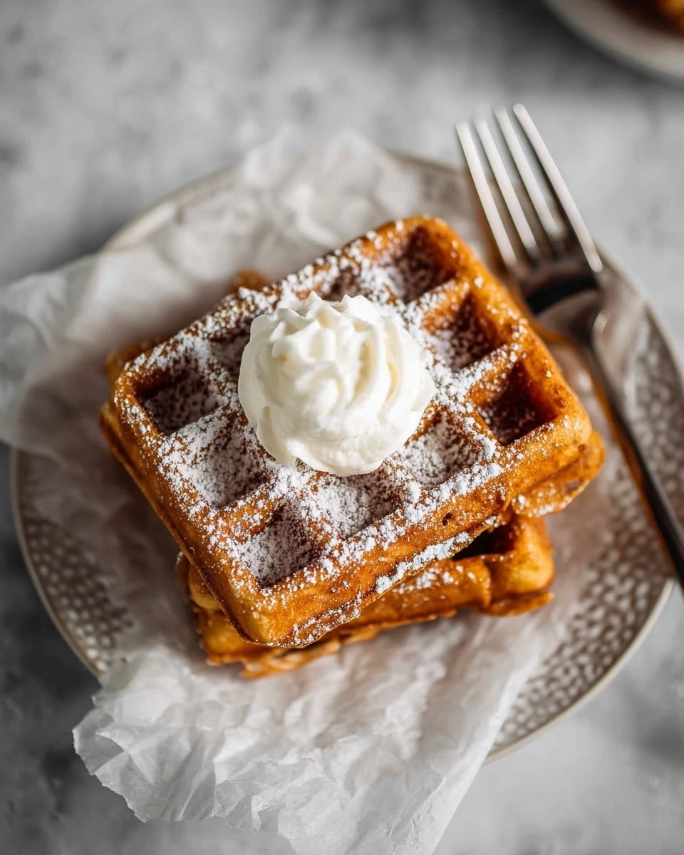 A stack of two golden brown waffles sits on white parchment paper atop a white plate with a subtle textured design. The waffles are sprinkled with fine white powdered sugar, adding a delicate dusting across the crispy surface. On top of the waffles, there is a dollop of smooth, creamy white whipped cream placed in the center. A fork rests on the right side of the plate. The background is a white marbled surface, adding a clean and bright contrast to the warm tones of the waffles. photo taken with an iphone --ar 4:5 --v 7