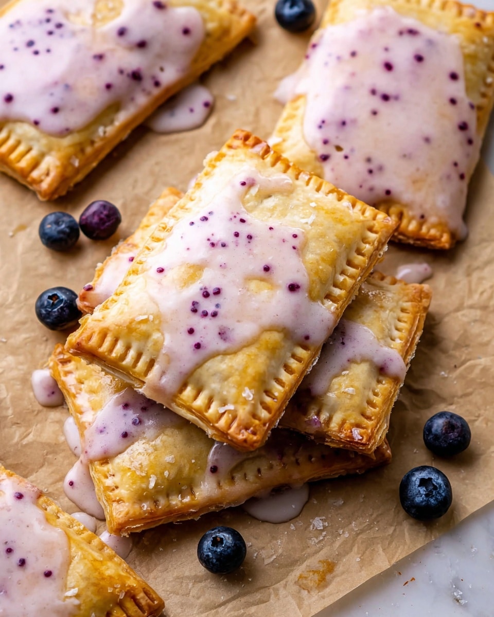 The image shows several golden-brown, rectangular pastries with crimped edges, stacked and scattered on a light brown parchment paper over a white marbled surface. Each pastry is topped with an uneven layer of pale pink glaze speckled with small dark purple dots. Around the pastries, there are a few scattered fresh blueberries adding dark blue spots of color against the light background. The pastries have a crisp, slightly flaky texture, and the glaze drips over the edges in some places, creating a casual, homemade look. photo taken with an iphone --ar 4:5 --v 7