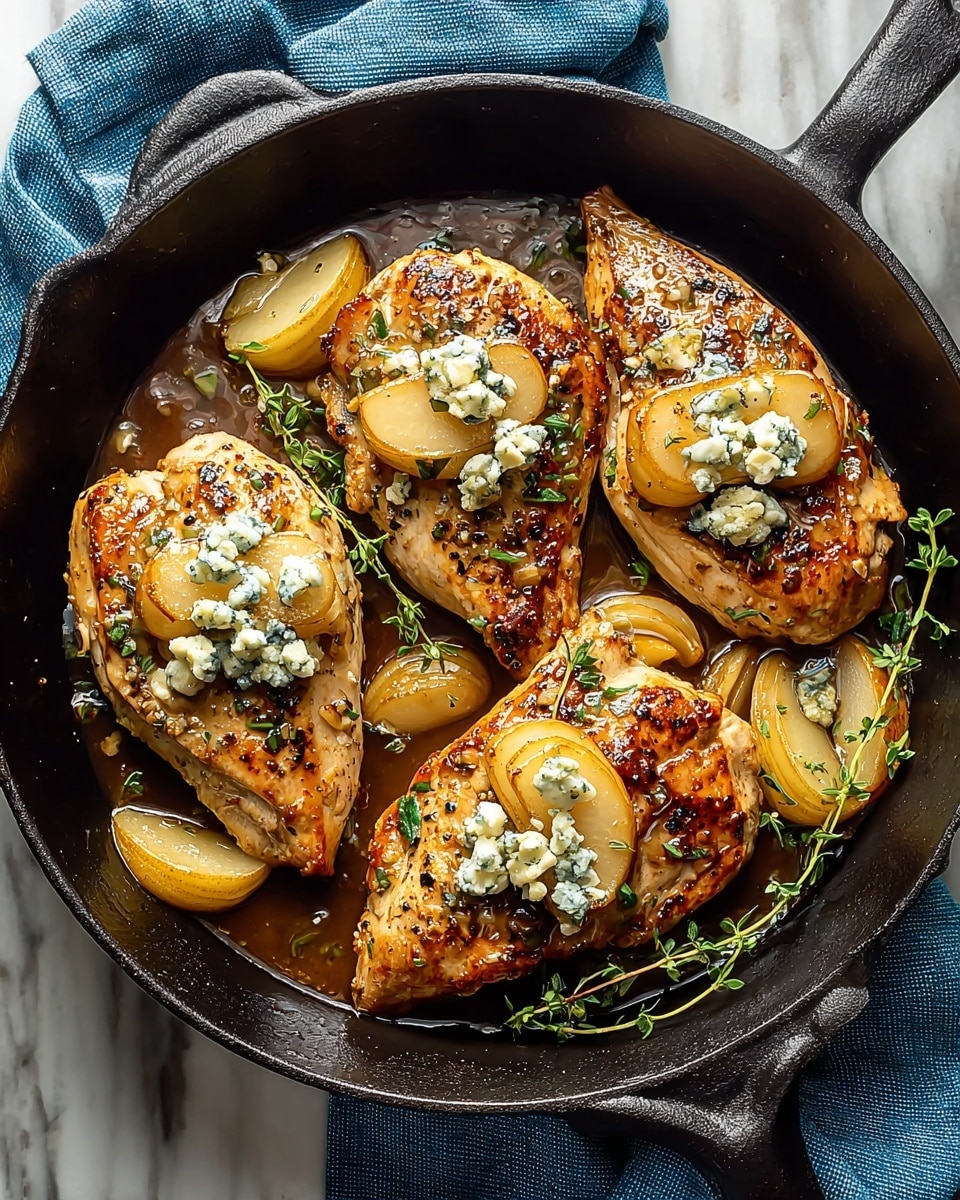 The image shows a black cast-iron pan with three cooked chicken breasts, each topped with creamy blue cheese crumbles and small slices of golden brown cooked pears. The chicken has a crispy, browned texture with black pepper specks, and fresh green herb sprigs are scattered on top and around the chicken. The pan holds a glossy brown sauce that pools beneath the chicken, adding a shiny texture. The pan rests on a blue cloth over a white marbled surface, creating a warm and inviting setting. Photo taken with an iphone --ar 4:5 --v 7