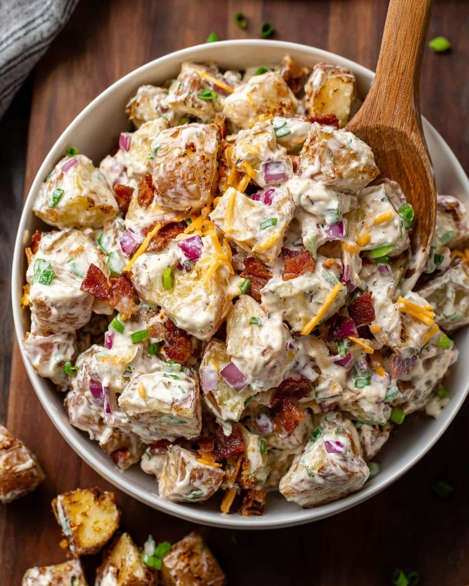 A white bowl filled with a creamy potato salad that has three visible layers: the base layer is made of golden-brown roasted potato chunks, the middle layer shows bits of crispy bacon and small pieces of red onion, and the top layer is covered with a thick, white creamy dressing mixed with finely chopped green onions. A wooden spoon is partially dipped into the salad, lifting some of the mixture. The bowl sits on a white marbled texture, with a few scattered pieces of potato around it. Photo taken with an iphone --ar 4:5 --v 7
