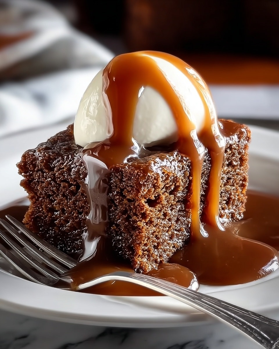 A moist, dark brown piece of cake sits in the center of a white plate, covered with thick, shiny caramel sauce that drips down its sides and pools around the base. On top of the cake is a smooth, white dollop of cream, also drizzled with caramel sauce, adding a glossy texture. A silver fork rests on the plate beside the cake, partially covered by the caramel sauce. The background shows a white marbled texture. photo taken with an iphone --ar 4:5 --v 7