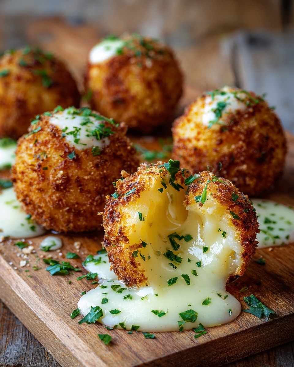 Six round, golden-brown fried cheese balls sitting on a wooden board, each with a crunchy textured outer layer sprinkled with finely chopped green herbs. One cheese ball in front is cut open, showing gooey, melted white cheese oozing out and mixing with fresh green herb pieces on the wooden surface. The warm, crispy crust contrasts with the smooth, creamy cheese inside, and small dollops of melted cheese with herbs surround the balls. The background is softly blurred, focusing on the texture and colors of the cheese balls. Photo taken with an iphone --ar 4:5 --v 7
