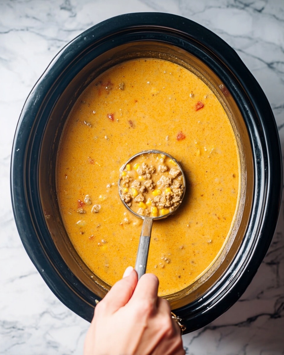A black slow cooker filled with thick, creamy orange cheese soup that has small visible chunks of ground meat, corn, and bits of tomato, with a metal ladle scooping up some of the soup, held by a woman's hand over a white marbled surface. photo taken with an iphone --ar 4:5 --v 7