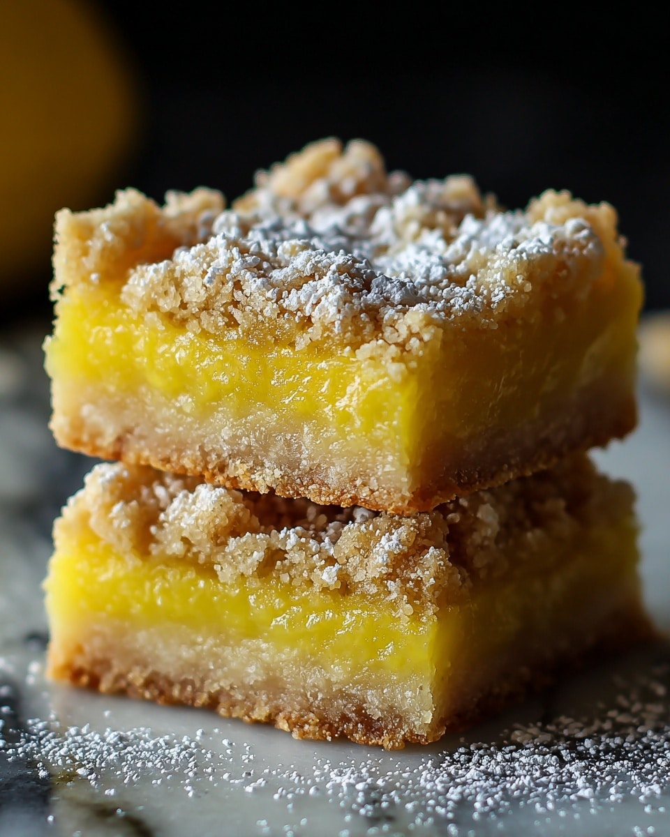 The image shows two stacked square lemon bars with three visible layers: a pale golden crumbly crust at the bottom, a thick bright yellow smooth lemon filling in the middle, and a rough textured light brown crumb topping dusted with white powdered sugar on top. The bars sit on a white marbled surface lightly sprinkled with powdered sugar. The background is dark and out of focus, highlighting the vibrant colors and textures of the dessert. Photo taken with an iphone --ar 4:5 --v 7