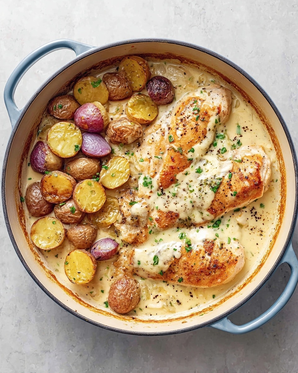 A white bowl with a dark rim holds a meal of roasted chicken breast covered in a creamy white sauce with black pepper and small green herbs sprinkled on top; next to the chicken are several halved roasted baby potatoes in shades of golden brown and red, also lightly coated with the sauce. A silver fork rests inside the bowl on the left side, all placed on a white marbled surface. photo taken with an iphone --ar 4:5 --v 7