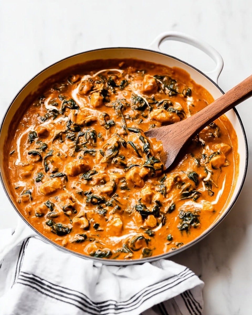 A white pan filled with a thick orange sauce with visible chunks of chicken and dark green spinach leaves mixed evenly throughout. The sauce has a creamy texture with some lighter cream swirls on top. A wooden spoon rests inside the pan, partially dipped into the sauce. The pan sits on a white marbled surface with a white towel with black stripes beside it. photo taken with an iphone --ar 4:5 --v 7