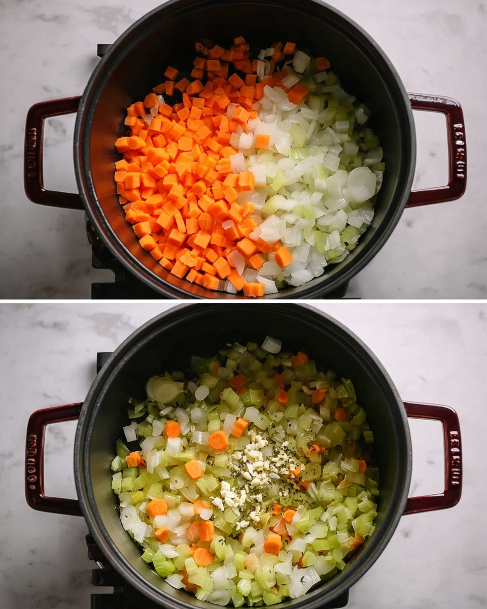 The image shows two views of a round black cooking pot with red handles on a white marbled textured surface. In the first view, the pot contains three separate sections of chopped vegetables: light orange carrots at the top, white onions on the left, and light green leeks on the bottom right. In the second view, the vegetables are mixed and slightly cooked with bits of garlic added in the center, showing a mix of softened white, light orange, and light green pieces all together in the pot. photo taken with an iphone --ar 4:5 --v 7