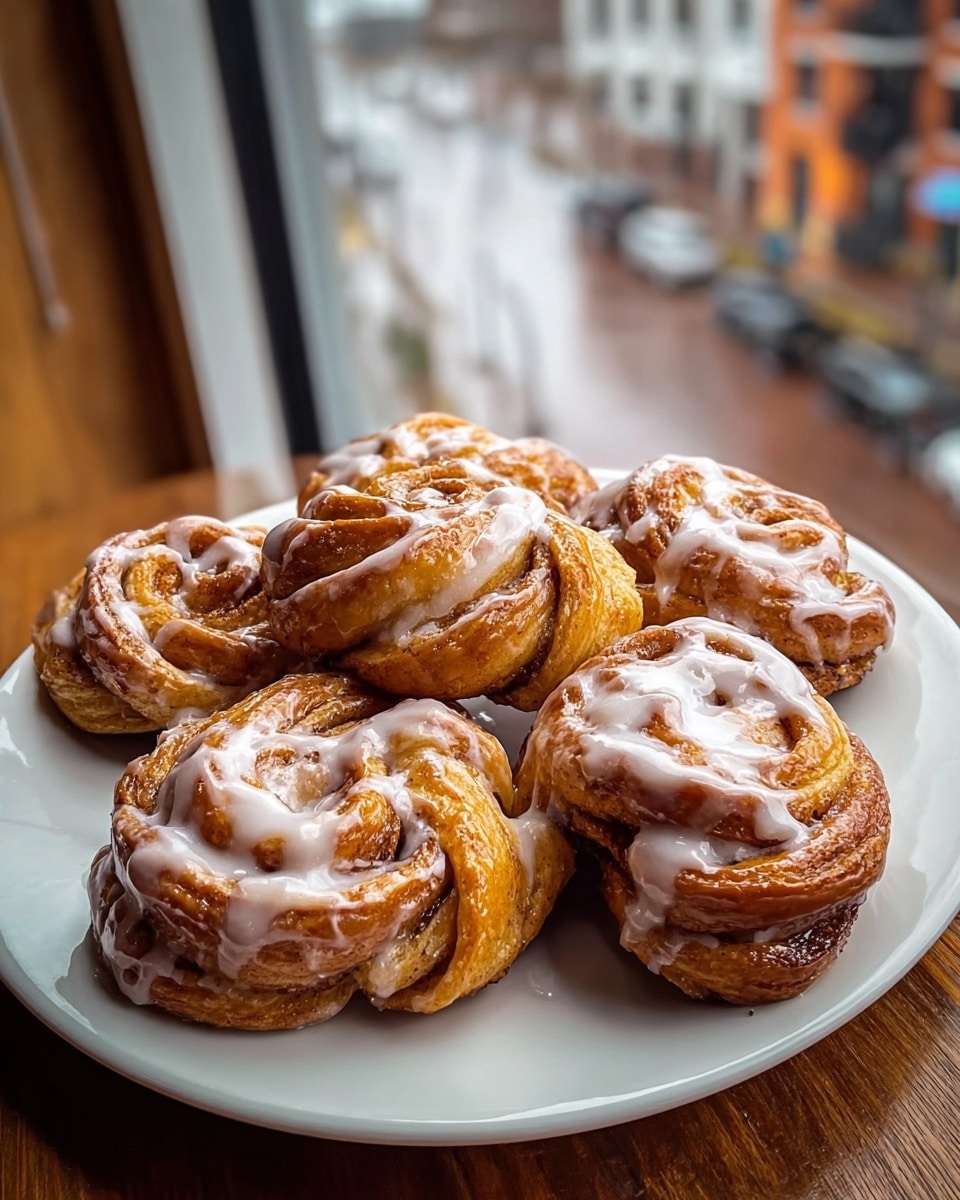A white round plate holds five twisted cinnamon pastries arranged closely together. Each pastry has multiple layers of golden-brown, flaky dough with visible swirls of cinnamon sugar. A shiny, white glaze with a slightly thick texture is drizzled unevenly over the tops, catching the light. The background shows a blurry street view through a window, and the plate rests on a wooden surface. photo taken with an iphone --ar 4:5 --v 7