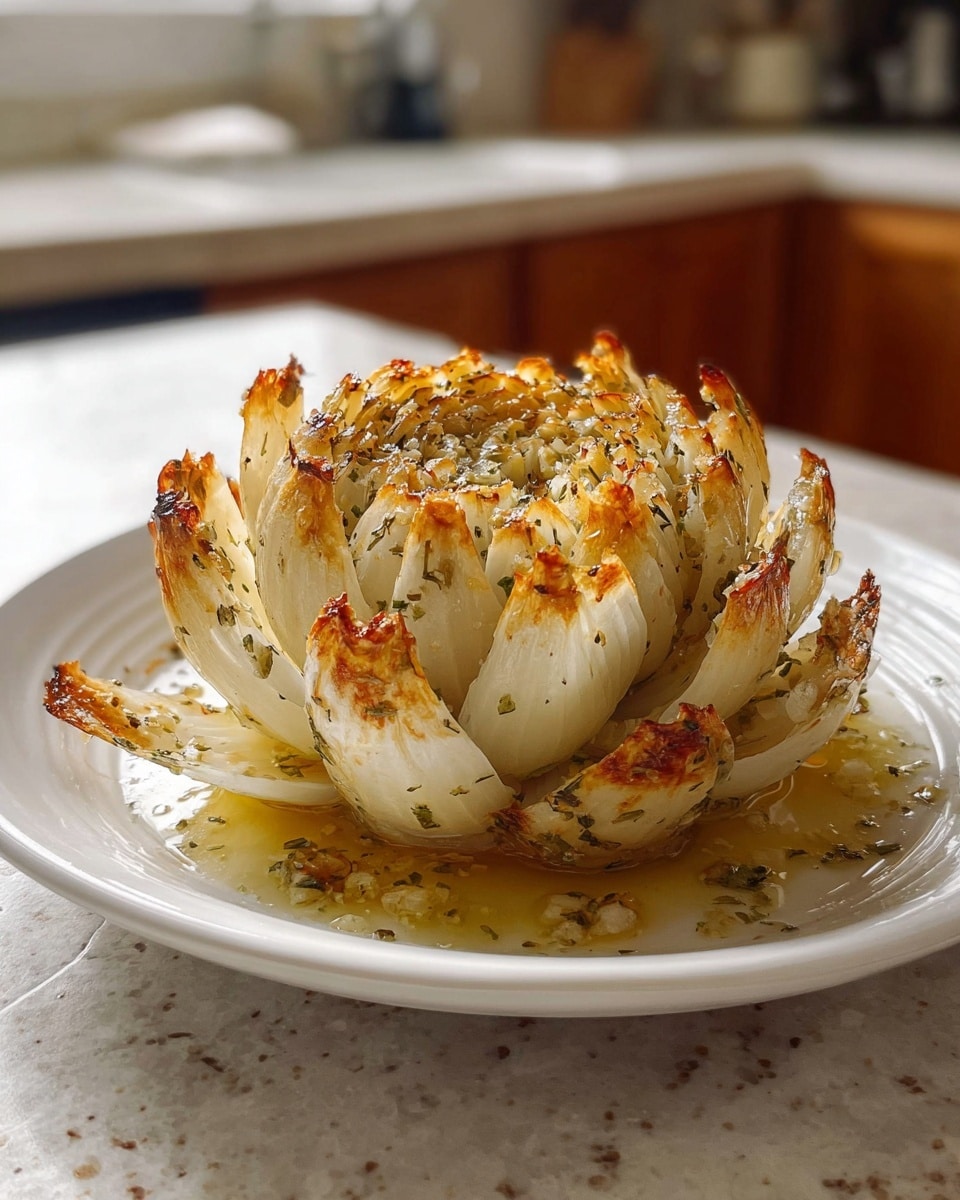 The dish shows a roasted blooming onion with its layers fanned out like petals on a white plate. The onion petals are golden brown at the tips, turning to a soft translucent white near the base, sprinkled with small bits of herbs and garlic. The texture looks tender and caramelized with a slight crisp at the edges. The onion sits in a shallow pool of light golden oil that glistens under warm lighting. The scene is set on a white marbled textured surface with a blurred kitchen background. photo taken with an iphone --ar 4:5 --v 7