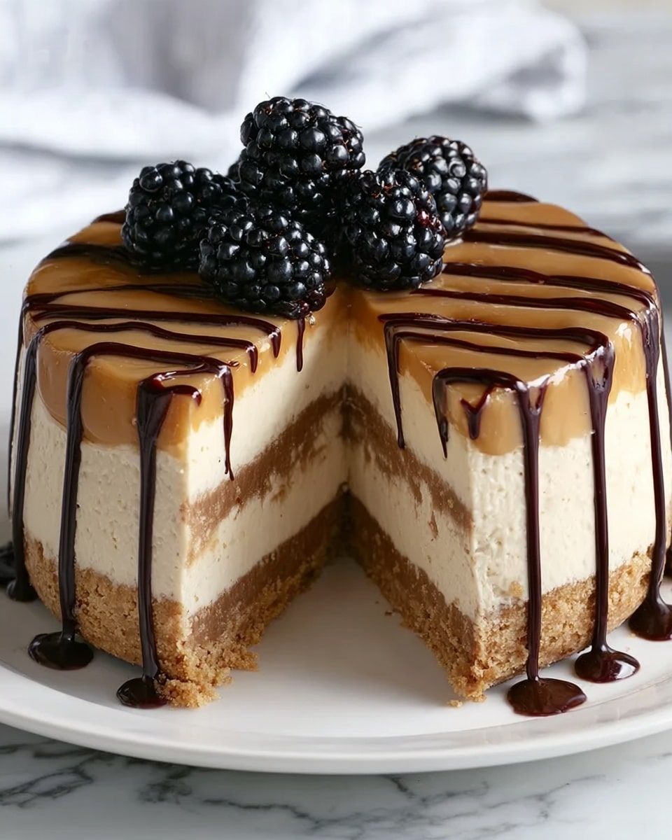 A round cake is shown with a slice taken out, revealing three clear layers. The bottom layer is a crumbly, light brown crust, the middle layer is a thick, creamy beige filling, and the top layer is a smooth caramel-colored glaze. Dark chocolate sauce is drizzled evenly in thin lines over the top, dripping down the sides. On top of the cake, there are several fresh blackberries placed in a small cluster. The cake is on a white plate, and the background has a white marbled texture. Photo taken with an iphone --ar 4:5 --v 7