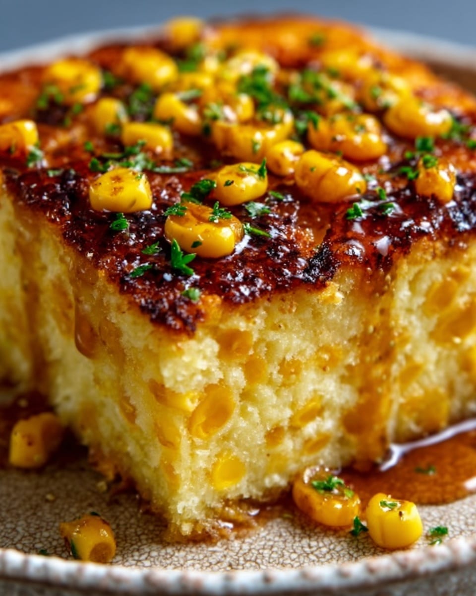 A close-up image of a square slice of golden baked corn pudding on a white textured dish, showing two main layers: the soft, moist bottom layer with visible whole yellow corn kernels mixed evenly throughout, and the top layer which is a shiny, caramelized crust covered with scattered grilled corn kernels and small green herbs. The side edges reveal the thickness and texture contrast between the creamy interior and crisp, browned surface. The pudding looks rich and slightly sticky, with caramel sauce dripping subtly down one corner onto the dish. The photo taken with an iphone --ar 4:5 --v 7