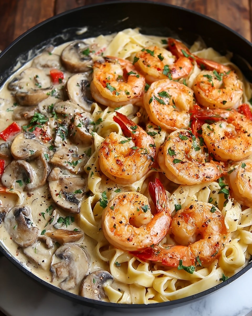 A close-up view of a black pan filled with creamy pasta, showing three layers: at the bottom, flat fettuccine noodles are coated in a smooth, light beige cream sauce; the middle layer has sliced brown mushrooms and small pieces of red bell pepper mixed evenly; the top layer is arranged with several orange-pink cooked shrimp sprinkled with chopped green herbs and small black pepper flakes. The pan is on a white marbled surface. photo taken with an iphone --ar 4:5 --v 7
