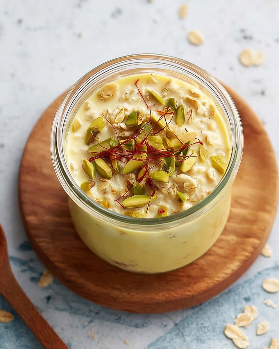 A clear glass jar filled with a creamy light yellow mixture with visible small seeds and oats inside, topped with a cluster of slivered green nuts and fine red strands on the surface, with a silver spoon dipped in the jar on a round, dark wooden board, scattered oat flakes around the board, and blurred similar jars in the white marbled background. Photo taken with an iphone --ar 4:5 --v 7
