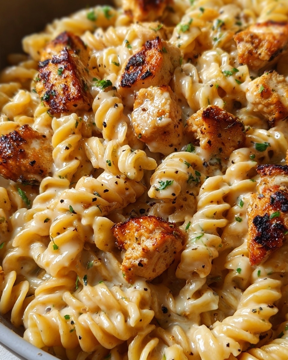 The dish shows a close-up view of cooked rotini pasta mixed well with creamy sauce that has a smooth, glossy texture coating each pasta piece. Scattered on top are golden-brown grilled chicken chunks, slightly charred for a crispy outside and tender inside, with small black pepper specks and a light sprinkle of green herbs. The pasta and chicken fill most of the frame, all placed on a white surface with a marbled pattern visible in the corners. photo taken with an iphone --ar 4:5 --v 7