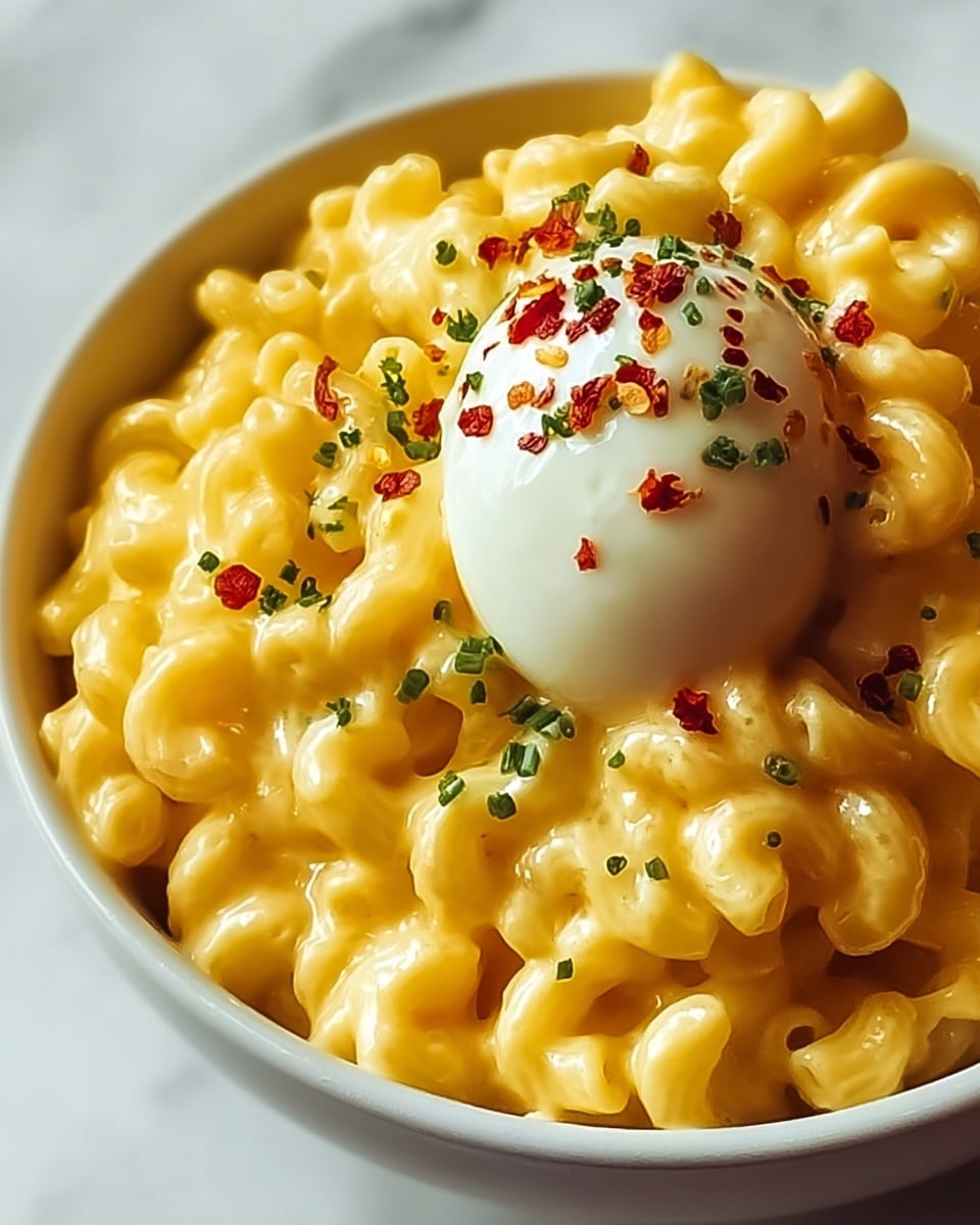 The image shows a close-up of a white bowl filled with creamy macaroni and cheese. The macaroni pieces are small tubes, covered in a smooth, rich yellow cheese sauce. On top, there is a sprinkling of bright red paprika powder, adding a vivid contrast. Small, fresh green chive pieces are scattered over the cheese and paprika, adding a touch of color and freshness. In the blurred background, there are halved boiled eggs with bright yellow yolks and white edges sitting on a white marbled surface. photo taken with an iphone --ar 4:5 --v 7