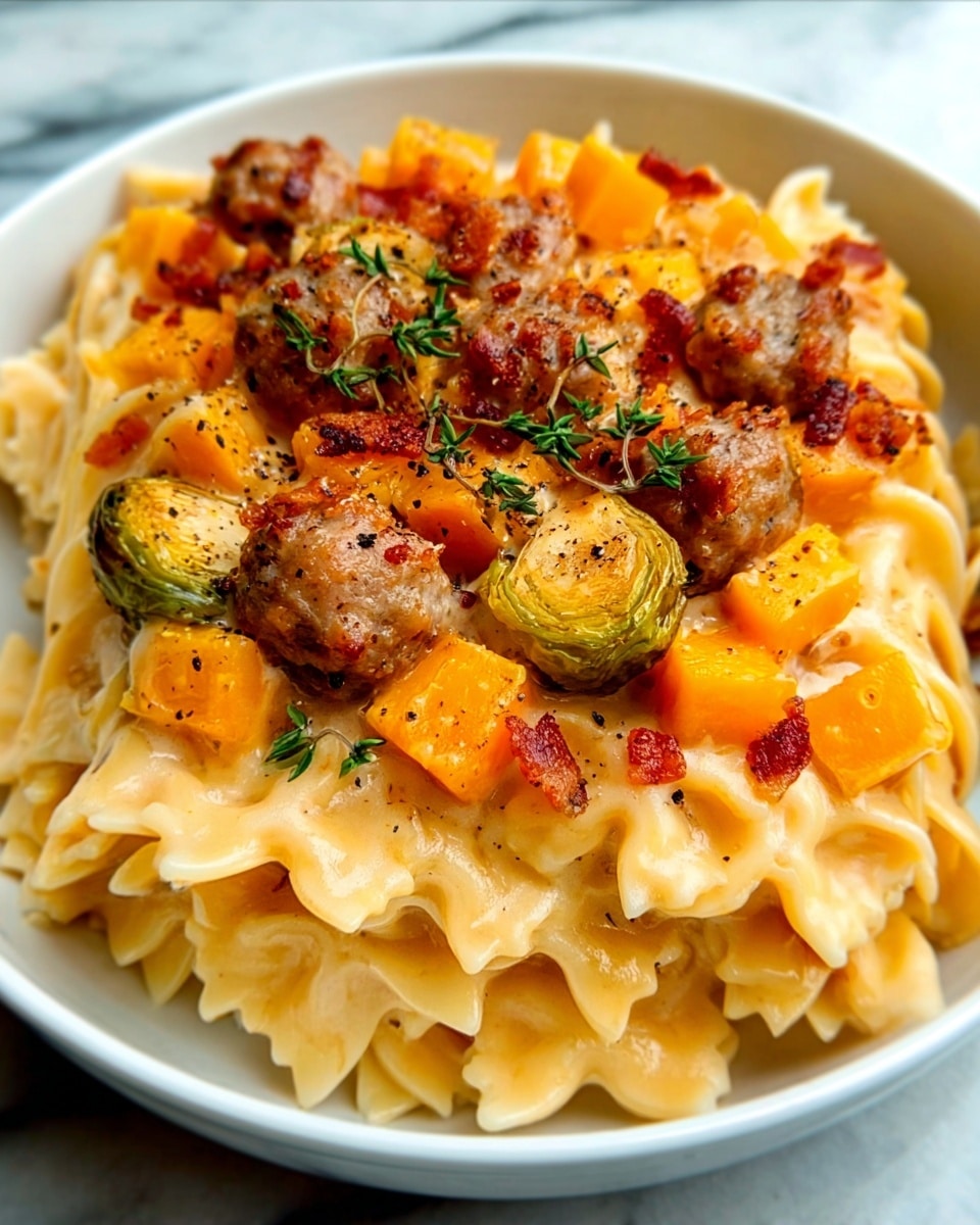 The dish is served in a white bowl filled with three main layers: at the base, there is a layer of pale yellow farfalle pasta with smooth texture, scattered evenly across the bowl. The middle layer includes bright orange cubes of roasted butternut squash, adding a soft, slightly glossy texture, and vibrant green roasted Brussels sprouts with charred edges, their outer leaves having a rough texture. On top, slices of browned sausage with a crispy, slightly oily surface are scattered among coarse ground black pepper and small sprigs of fresh green thyme, adding fine texture and color contrast. The bowl sits on a white marbled surface, and the photo has close-up depth showing clear details of each ingredient. Photo taken with an iphone --ar 4:5 --v 7
