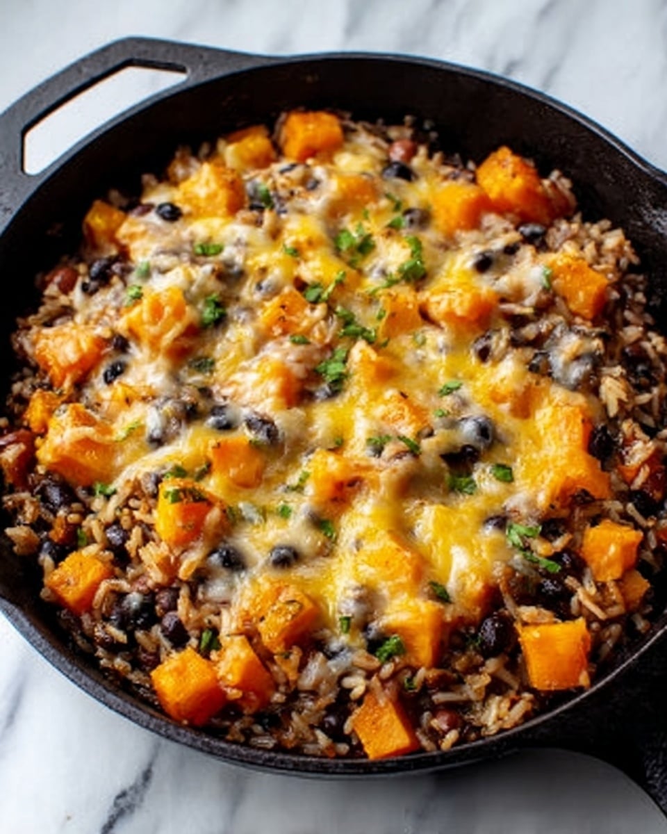 A black cast iron pan filled with a colorful dish showing a mix of several layers: the bottom layer consists of soft cooked rice with some black beans scattered evenly throughout, the middle layer has vibrant bright orange cubes of cooked butternut squash, and the top layer is covered with melted light yellow cheese that looks stretchy and slightly browned in spots. Small green herb bits are sprinkled lightly on top, adding a fresh contrast to the rich colors below. The pan is placed on a white marbled surface, making the vivid colors pop. Photo taken with an iphone --ar 4:5 --v 7