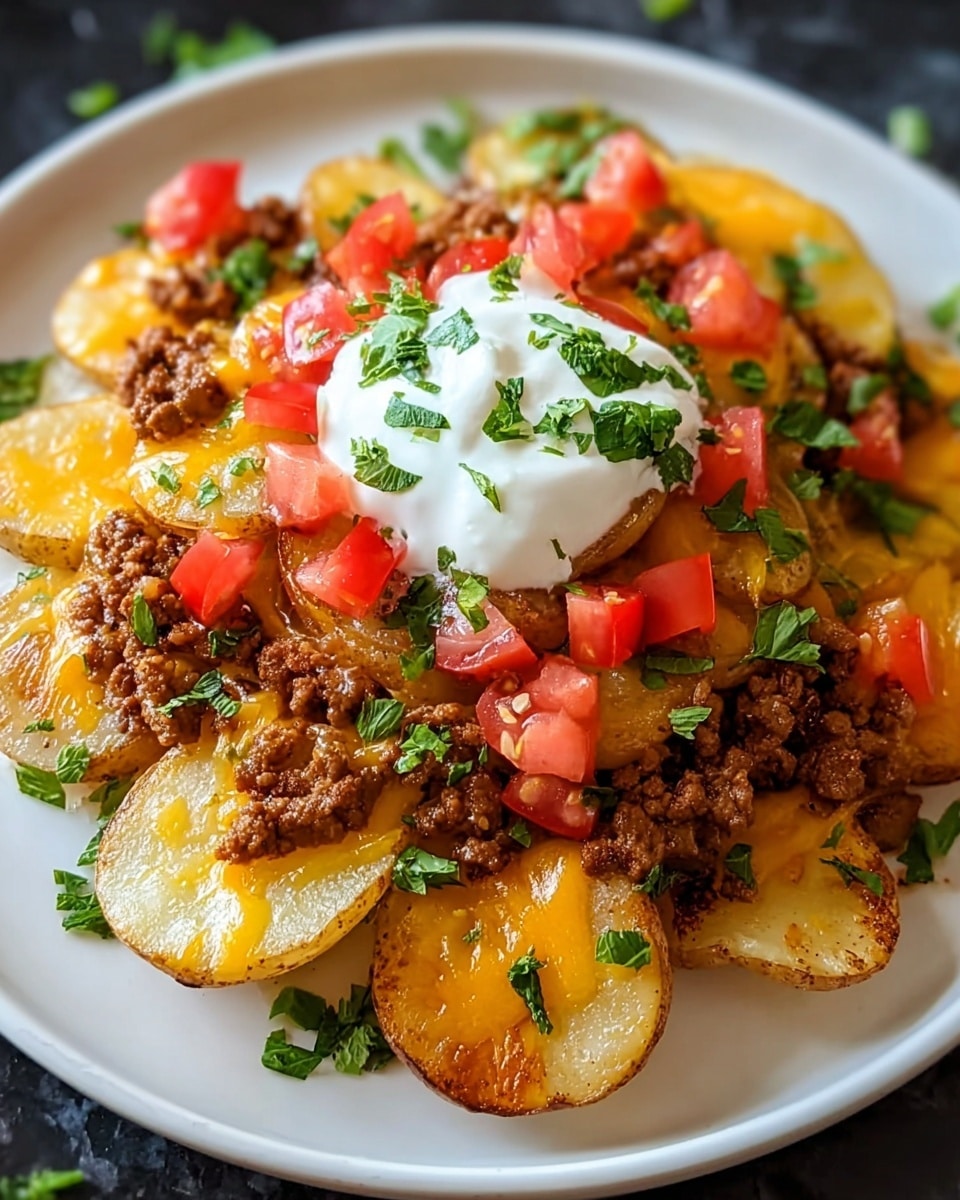 A white plate holds a stack of sliced golden potatoes as the base layer, each slice showing natural skin edges with a slightly crispy texture. On top, there is a thick layer of cooked ground beef mixed with melted bright orange cheddar cheese, spreading unevenly over the potatoes. The third layer consists of fresh chopped red tomatoes scattered around, adding a juicy and vibrant contrast. Finally, a dollop of white sour cream sits at the center, sprinkled with small pieces of fresh green parsley that add a fresh look to the dish. The plate rests on a white marbled surface. photo taken with an iphone --ar 4:5 --v 7