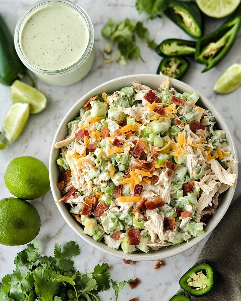 A large white bowl filled with a mixed salad showing three main layers: shredded chicken pieces in light beige, chopped green celery and cucumbers, and scattered small bits of crispy brown bacon throughout. There are some light orange shredded cheese strands mixed in as well. The salad looks creamy with a white sauce binding the ingredients. Around the bowl on a white marbled surface are fresh green jalapeños, halved limes, and green cilantro leaves. On the top left corner, there is a white container with a green cream sauce inside, matching the fresh ingredients. Photo taken with an iphone --ar 4:5 --v 7