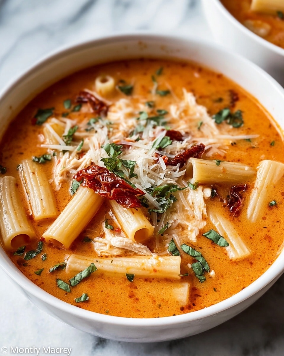 A white bowl filled with a thick orange-red creamy soup; floating near the surface are several short, tube-shaped pasta pieces in a light beige color. Scattered over the soup are shredded white chicken pieces, some dried dark red tomato strips, and a sprinkling of finely chopped fresh green herbs. On top is a light dusting of grated cheese that melts slightly into the soup. The soup edges show some slight splashes of the same orange-red color, and the bowl sits on a white marbled surface. photo taken with an iphone --ar 4:5 --v 7