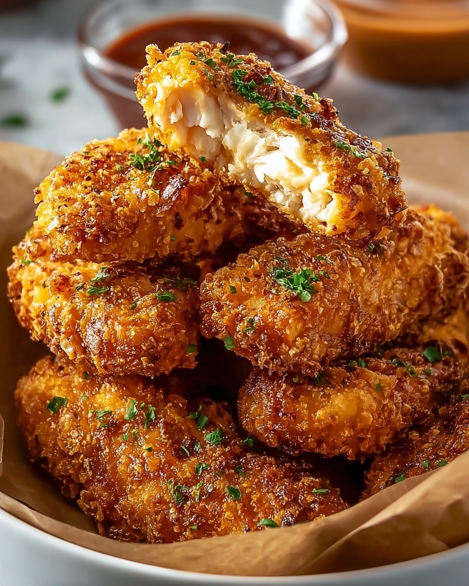 A stack of six golden brown crispy fried chicken tenders sits inside a white bowl lined with brown paper. The tenders have a crunchy texture with a rough coating, some pieces sprinkled with small green chopped herbs. One tender is broken in half, revealing juicy, white meat inside. In the background, two blurred sauce cups rest on a white marbled surface, adding depth to the image. The lighting highlights the crunchy breading and fresh herbs on top, creating a warm, appetizing look. photo taken with an iphone --ar 4:5 --v 7