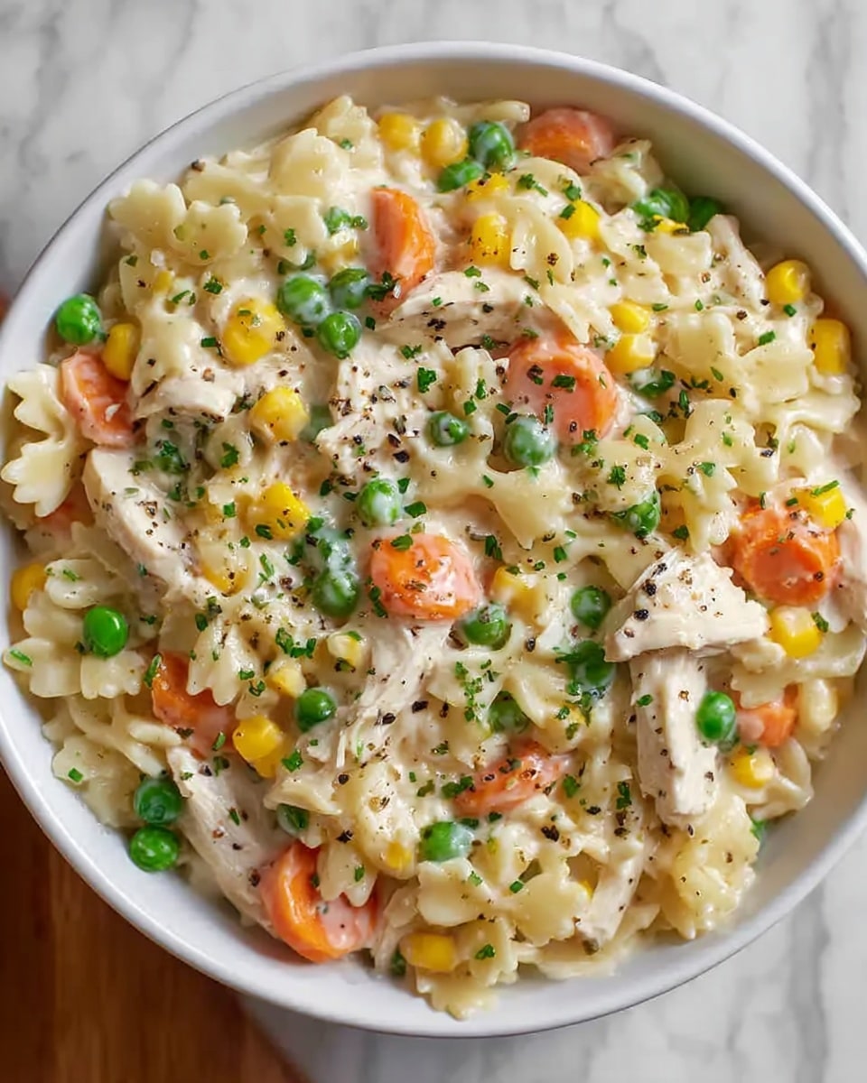 This image shows a white bowl filled with a creamy pasta dish. The first layer is made of small pasta shapes that look soft and cooked, with a light cream sauce covering them. Mixed in are bright orange carrot slices, yellow corn kernels, and green peas scattered evenly throughout. On top, there are pieces of shredded white chicken meat, also coated with the cream sauce. The dish is sprinkled with small green herb bits and cracked black pepper, adding texture and color contrast. The bowl is placed on a white marbled surface. photo taken with an iphone --ar 4:5 --v 7