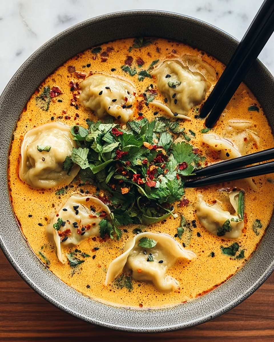 A gray bowl filled with a creamy orange soup base that has a smooth and slightly oily texture. Floating on top are seven pale dumplings with a soft and slightly wrinkled surface. The soup is garnished in the center with a small pile of chopped fresh green herbs, sprinkled with red chili flakes and some black sesame seeds scattered over both the soup and dumplings. Two black chopsticks rest on the right edge of the bowl, partly submerged in the soup. The bowl sits on a white marbled surface. photo taken with an iphone --ar 4:5 --v 7