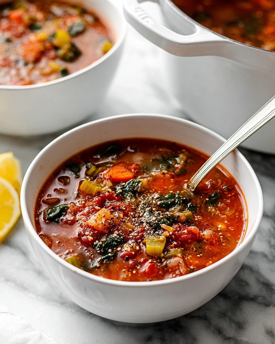 The image shows a close-up of a white bowl filled with chunky vegetable soup with rich red broth. The soup has three main layers: a thick liquid base with visible red and orange tones from tomatoes and broth, a middle layer of diced vegetables including green celery, orange carrots, and wilted dark green spinach leaves, and a top layer of black pepper sprinkled for texture. A silver spoon rests inside the bowl, slightly submerged in the soup, showing some of the small grains and pieces floating. In the background, there is another white bowl of soup and a white pot with more soup inside, all sitting on a white marbled surface with a small wedge of lemon to the left. photo taken with an iphone --ar 4:5 --v 7
