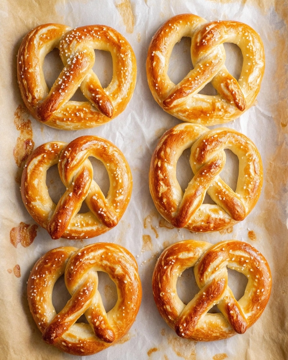 The image shows six freshly baked pretzels on a piece of parchment paper with light brown spots and slight grease marks. Each pretzel has a golden-brown surface with a smooth, shiny texture, and a twisted center crossing over the wider, rounded outer loops on both sides. The pretzels are arranged in two columns and three rows, all similar in size and shape, with a soft and slightly puffed dough appearance. The background is a white marbled texture. photo taken with an iphone --ar 4:5 --v 7