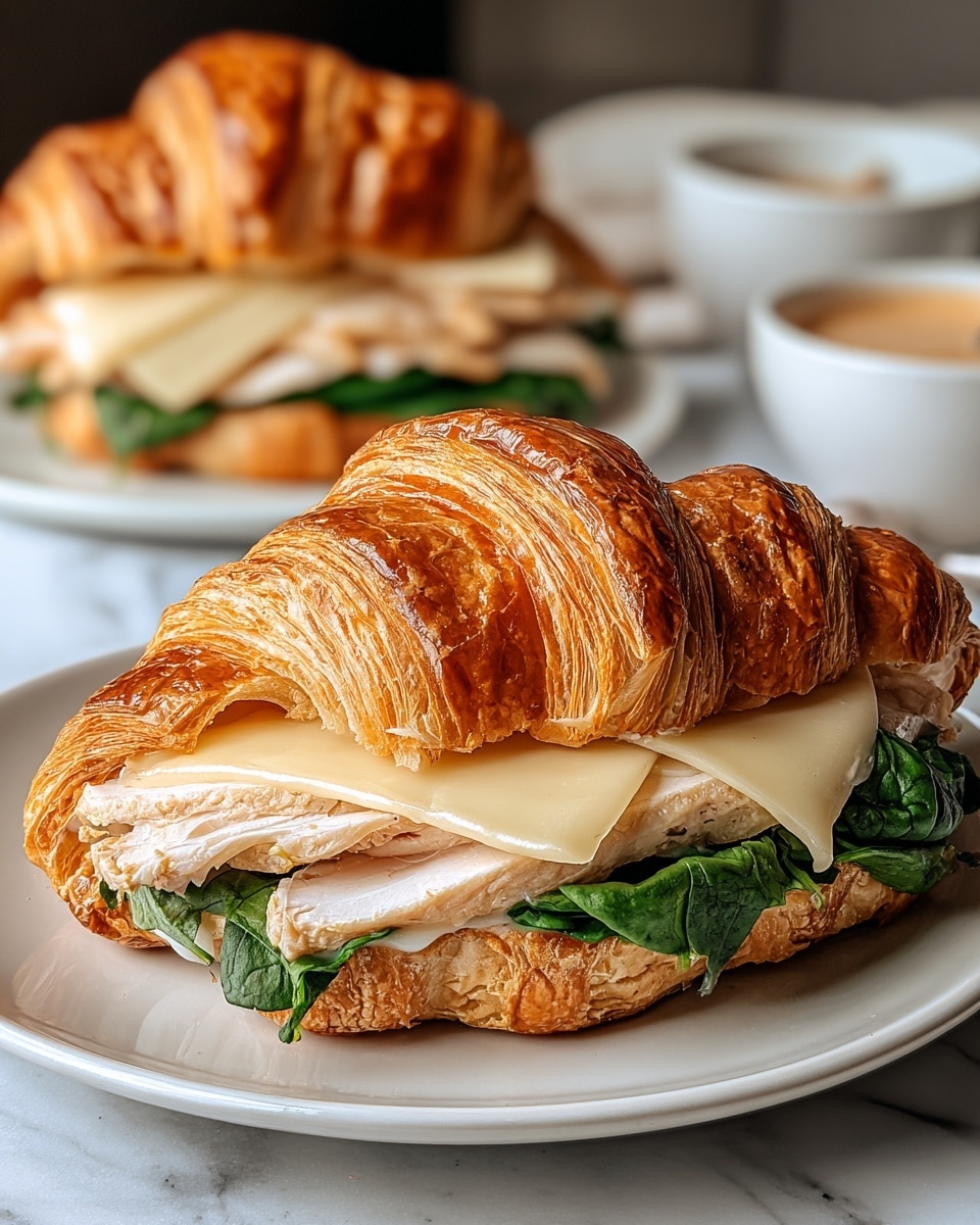 A close-up view of two croissant sandwiches on white plates set on a white marbled surface, each croissant showing a shiny, golden-brown, flaky crust with clear layers. Inside each croissant, there is a layer of fresh, dark green leafy spinach at the bottom, followed by thick slices of grilled white chicken breast with a slightly browned edge, topped with melted creamy light yellow cheese that drapes softly over the chicken and spinach. The background is softly blurred, featuring another similar sandwich and a white bowl with some sauce. photo taken with an iphone --ar 4:5 --v 7