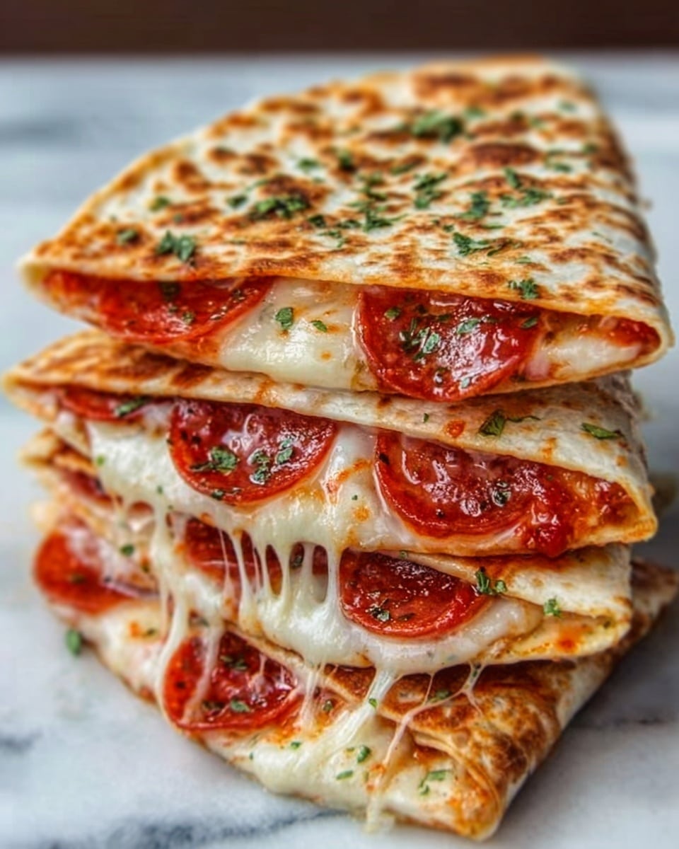 A close-up of four stacked quesadilla slices, each with a golden toasted tortilla layer filled with melted white cheese, bright red pepperoni slices, and a layer of red tomato sauce, sprinkled with fresh green herbs. The cheese is gooey and slightly stringy, spilling out between the layers, while the tortillas have crispy browned spots. The dish is presented on a white marbled surface, highlighting the rich colors and textures. photo taken with an iphone --ar 4:5 --v 7