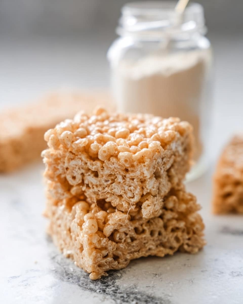 The image shows two stacked crispy square rice cereal treats with a light golden brown color and a slightly glossy texture from melted marshmallows, visible gooey strands connecting the cereal pieces. In the blurred background, there is a clear glass jar with a metal lid containing a white powder, placed on a white marbled textured surface. More treats are faintly visible around the main focus, adding depth but staying out of focus. photo taken with an iphone --ar 4:5 --v 7