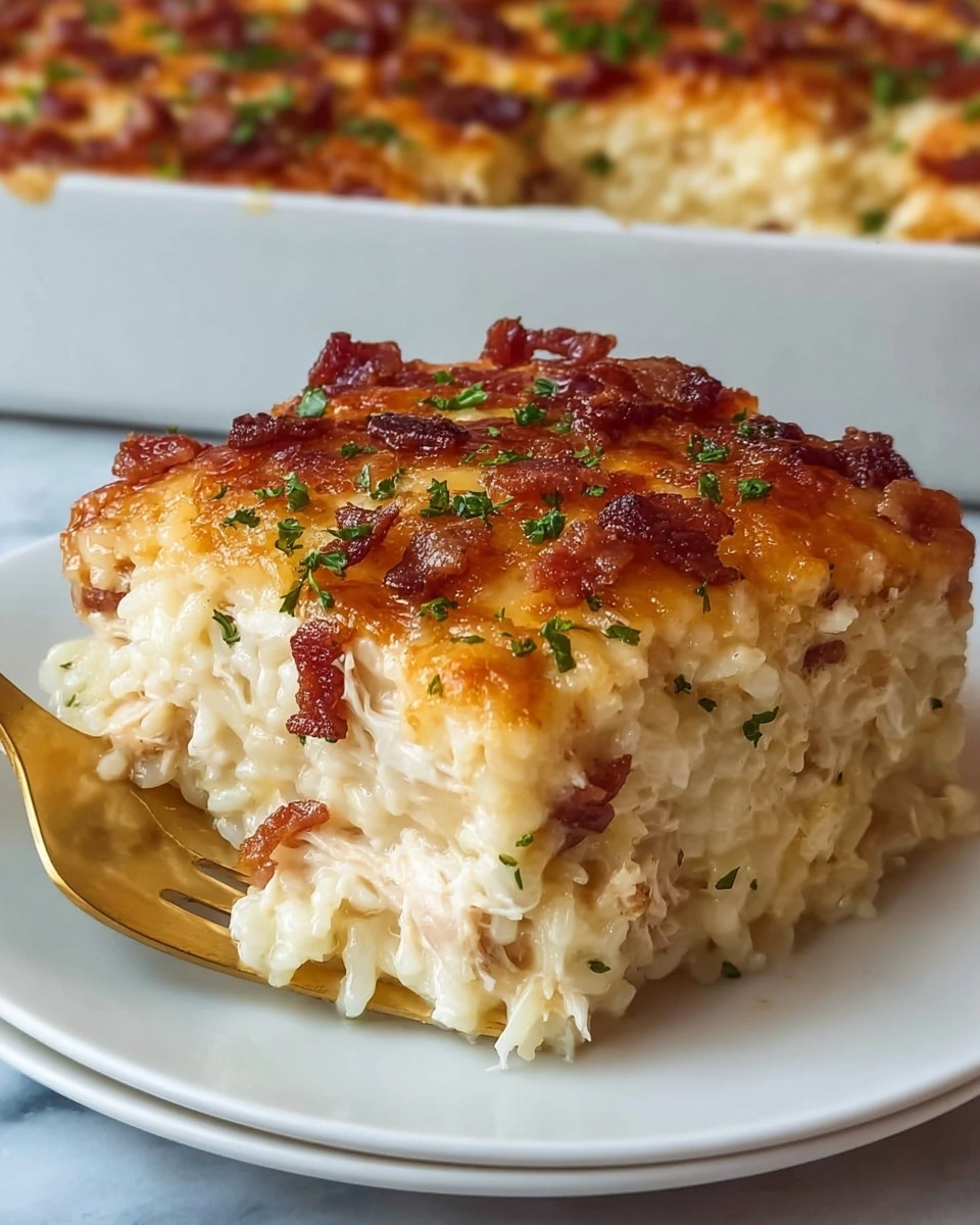 A square piece of baked rice casserole is shown on a white plate resting on a white marbled surface. The casserole has three visible layers: the bottom layer is creamy white rice mixed with shredded chicken, the middle layer is a thicker creamy sauce blending with the rice, and the top layer is golden-brown melted cheese with crispy, browned spots and small pieces of reddish-brown bacon, sprinkled with finely chopped green herbs. The texture of the top cheese layer looks bubbly and slightly crunchy. The casserole is being lifted by a golden fork from a larger white baking dish filled with more casserole in the background. Photo taken with an iphone --ar 4:5 --v 7