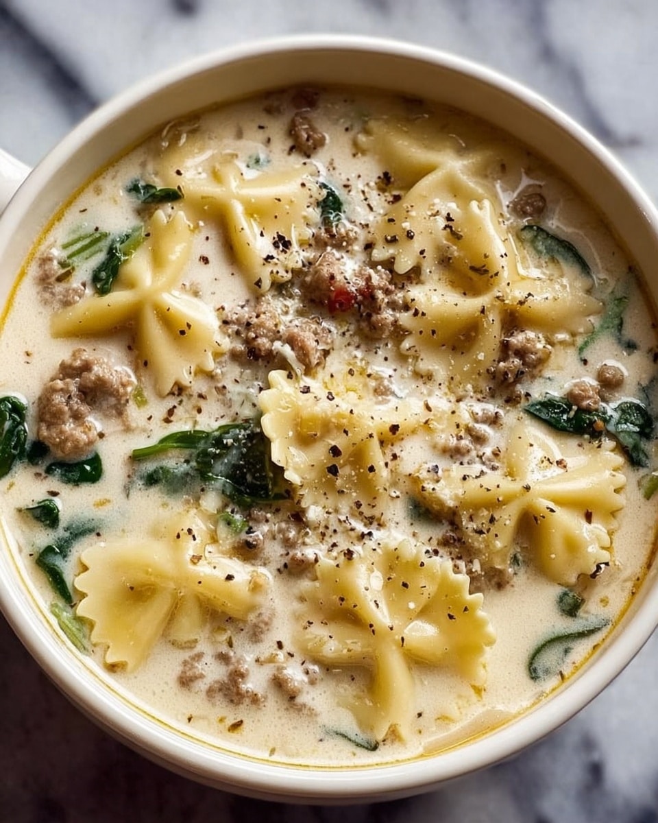 A white bowl filled with creamy soup showing three layers: the top layer has light brown, small ground meat pieces mixed with cracked black pepper sprinkled on a smooth, pale cream broth; beneath are broad, yellow pasta pieces with wavy edges and some bright green leafy vegetables peeking through; the bottom layer is the thick, white creamy soup base that holds everything together. The bowl sits on a white marbled surface. photo taken with an iphone --ar 4:5 --v 7
