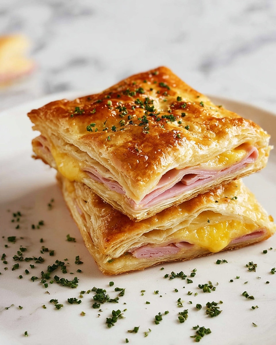 Two square pastries are stacked on top of each other on a white plate. Each pastry has four visible layers of light golden brown, flaky crust with a shiny, slightly crispy top sprinkled with small green herb pieces. Between the crust layers, there are slices of pink ham and melted yellow cheese, giving a soft and creamy look. Small bits of extra green herbs are scattered around the plate on a white marbled surface. Photo taken with an iphone --ar 4:5 --v 7