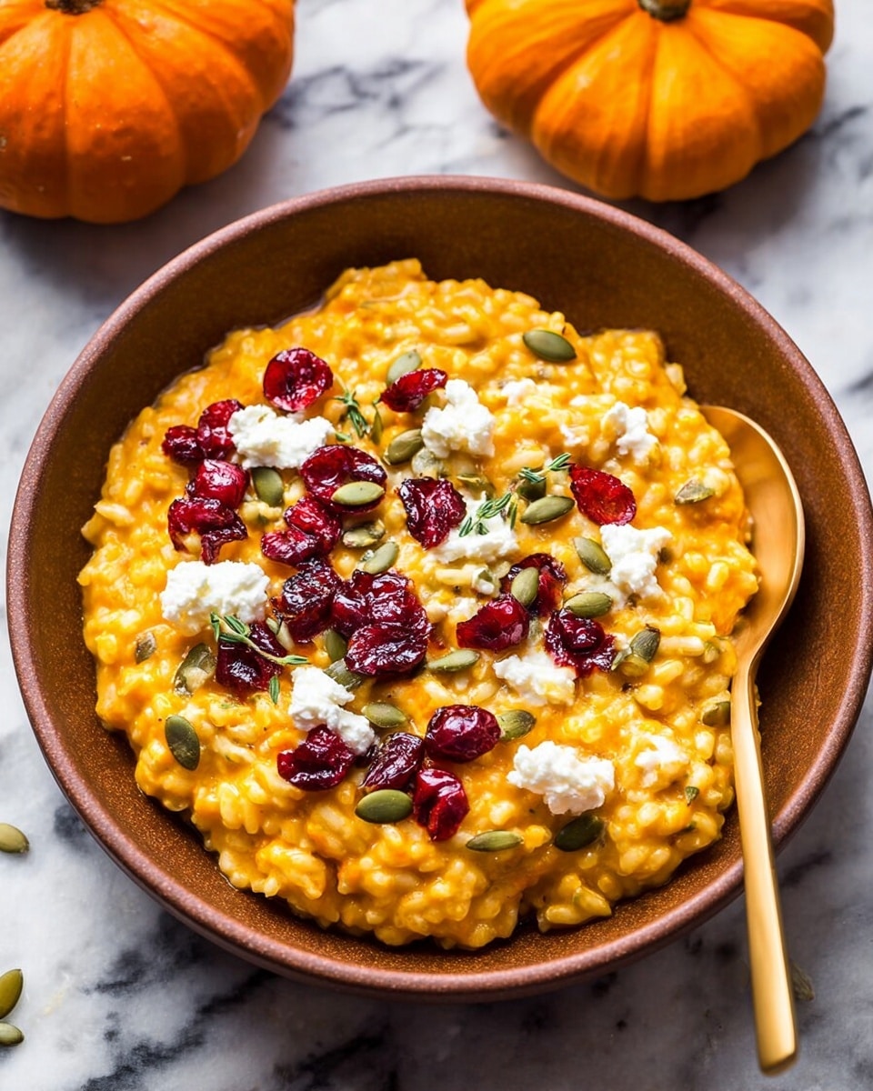 A brown bowl filled with creamy orange pumpkin risotto forms the base layer, topped with bright red dried cranberries scattered evenly over it. Small dollops of soft white cheese are placed around the cranberries, adding a contrasting texture. Green pumpkin seeds and thin green herb leaves are sprinkled across the surface, adding a fresh, natural element. A gold spoon is resting inside the bowl on the right side. The bowl is placed on a surface with a white marbled texture, and in the background, two small pumpkins are partially visible. photo taken with an iphone --ar 4:5 --v 7