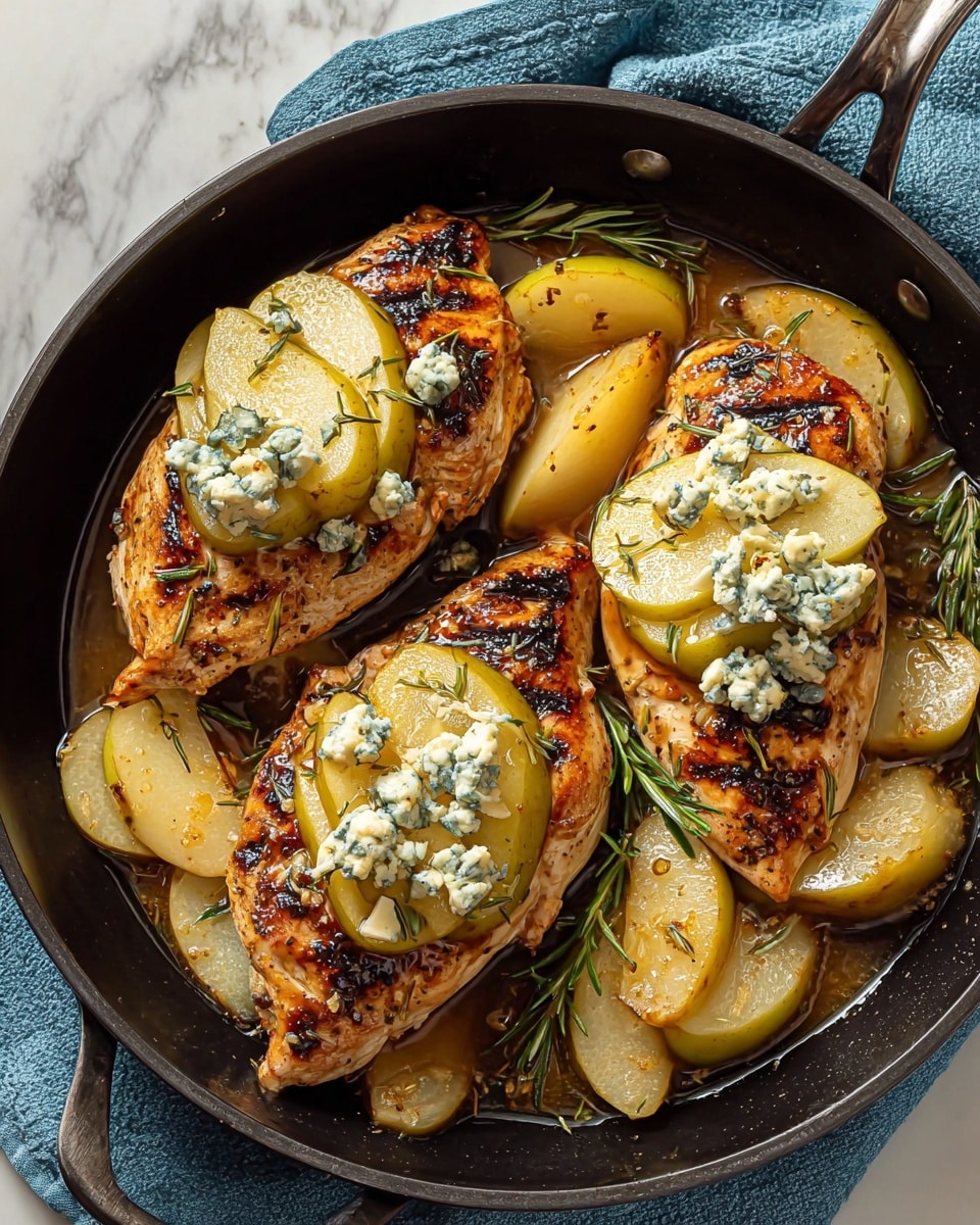 The image shows a black pan with three cooked chicken breasts placed side by side, each having a golden-brown grilled surface with slight charring. On top of each chicken breast are slices of yellow-green pear arranged in a small stack, topped with creamy crumbled blue cheese and garnished with fresh green rosemary sprigs. Around the chicken pieces, there are more pear slices soaking in a light brown sauce with visible specks of black pepper. The pan rests on a soft blue cloth on a white marbled surface. photo taken with an iphone --ar 4:5 --v 7